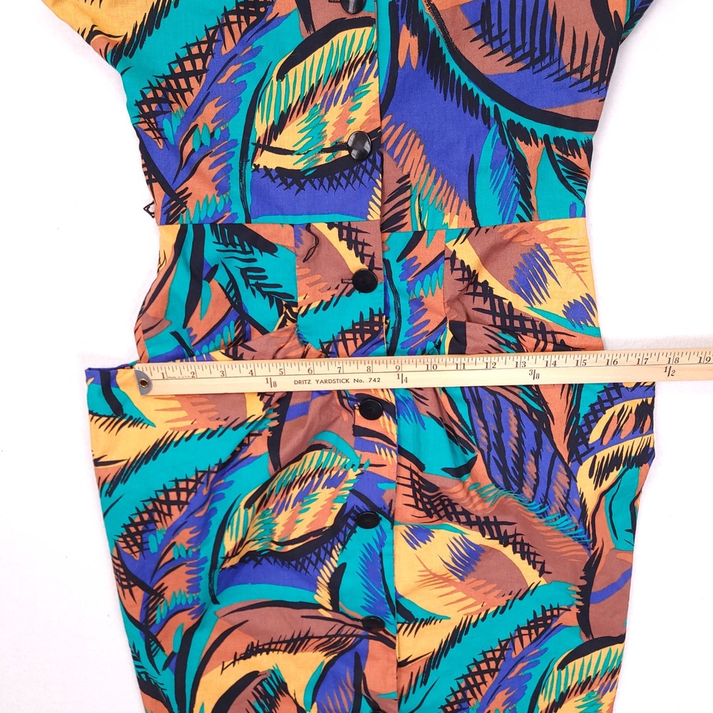Vintage 80s Abstract Tropical Midi Dress Sleeveless Padded Shoulder Multicolor - Picture 6 of 10